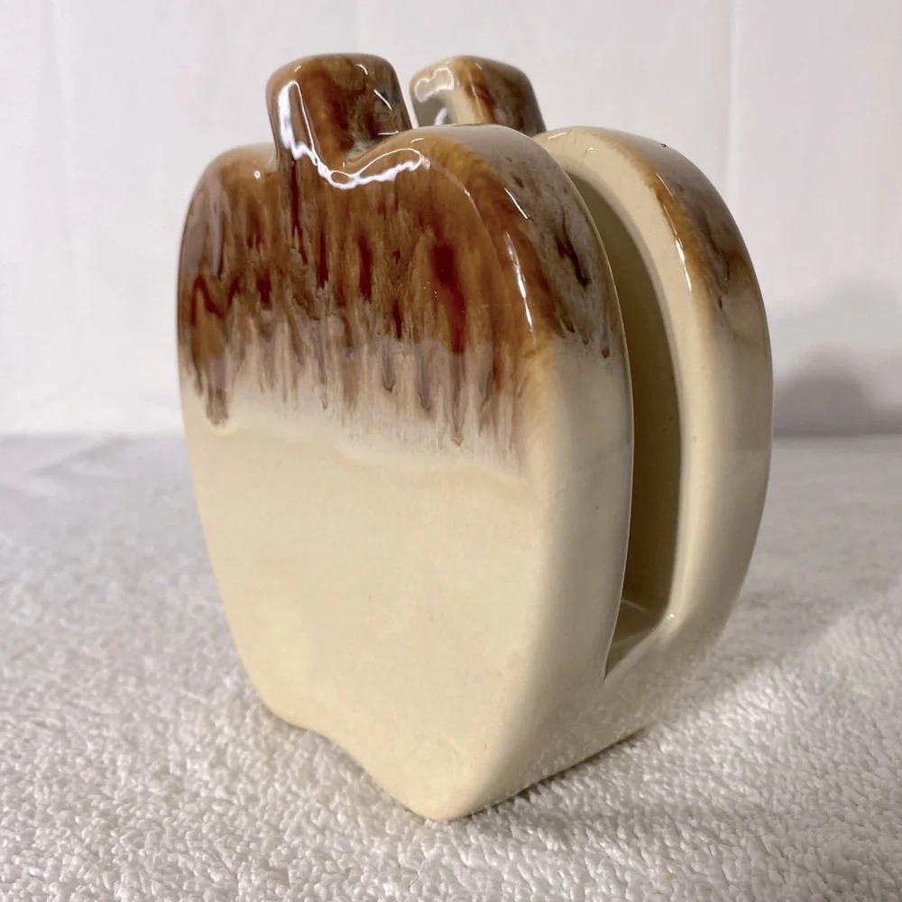 Vintage Pottery Art Ceramic Tan Brown Apple Shaped Napkin Holder Cottagecore